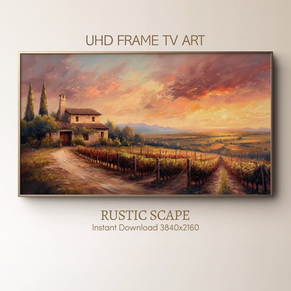 Frame TV Art | Vintage Oil Painting | Tuscan Landscape Digital Painting | Vibrant Sunset Vineyard Scenery | Home Decor