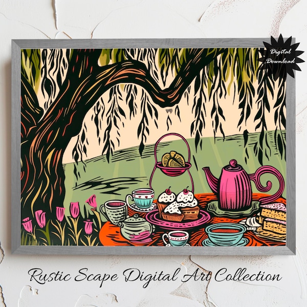 Cottagecore Tea Party Digital Print, Whimsical Forest Picnic Illustration, Vintage Style Kitchen Decor