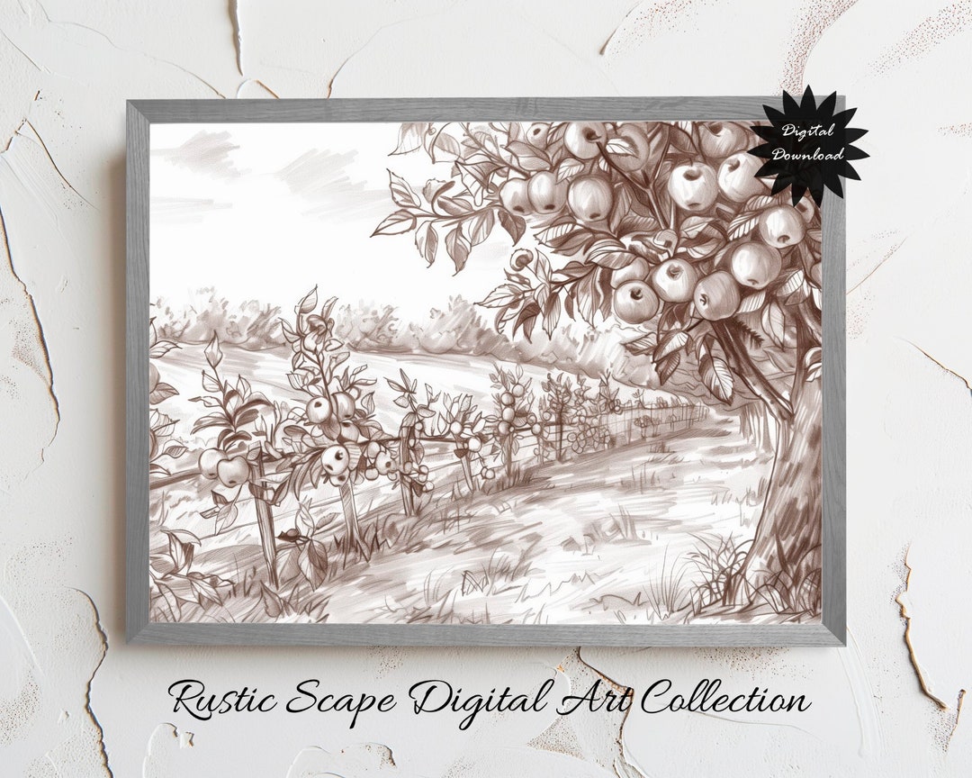 Rustic Orchard Scene Digital Print, Vintage Style Apple Trees Artwork ...