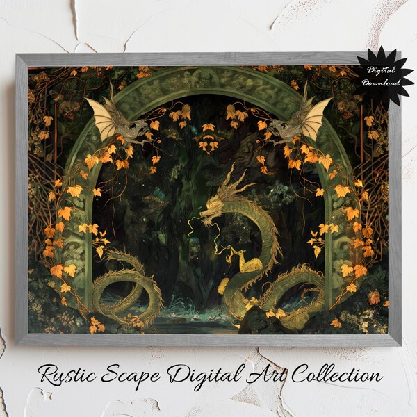 Enchanted Forest Digital Art Print, Mystical Dragon and Fauna, Printable Fantasy Home Decor