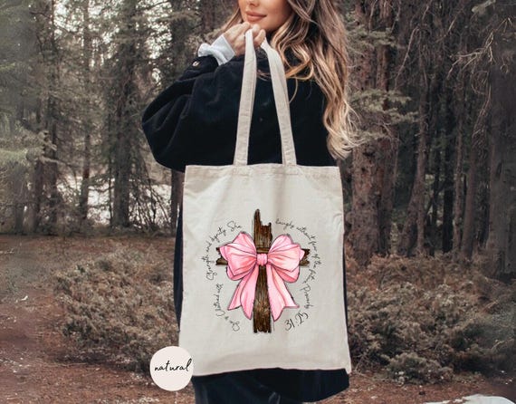 Coquette Christian Tote Bag, Bible Verse Pink Bow Tote Bag, Religious Gifts, Christian Gifts, Faith Tote Bag, Christian Women Tote Bag