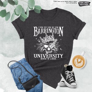 a t - shirt that says barbington university with a skull on it