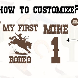 May include: A graphic with text that reads "HOW TO CUSTOMIZE?" and "MY FIRST MIKE RODEO". It also includes a silhouette of a cowboy riding a bucking bronco and the number "1". Arrows indicate areas for customization, including age and name.