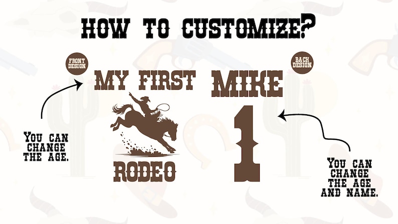 May include: A graphic with text that reads "HOW TO CUSTOMIZE?" and "MY FIRST MIKE RODEO". It also includes a silhouette of a cowboy riding a bucking bronco and the number "1". Arrows indicate areas for customization, including age and name.