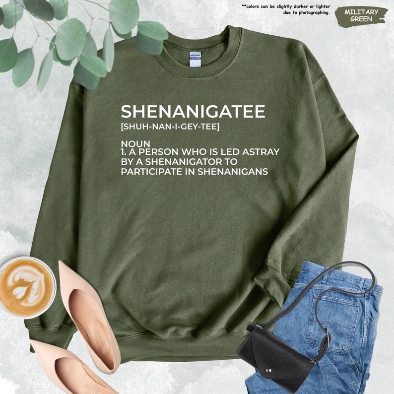 Pode incluir: Uma camisola verde com a palavra "Shenanigatee" definida como "uma pessoa que &eacute; levada para o caminho errado por um shenanigator para participar em travessuras".