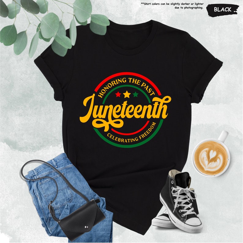 a black t - shirt with the words juneteeth on it