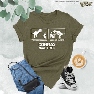 a t - shirt that says commas save lives next to a pair of jeans