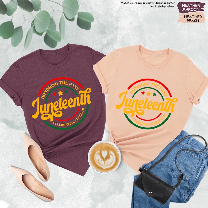 two t - shirts with a cup of coffee next to them