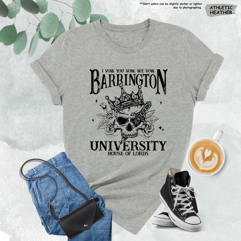 a t - shirt that says barbington university with a skull on it