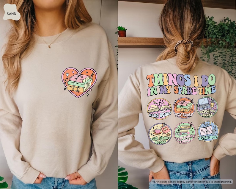 a woman wearing a sweatshirt that says things i do in my spare time