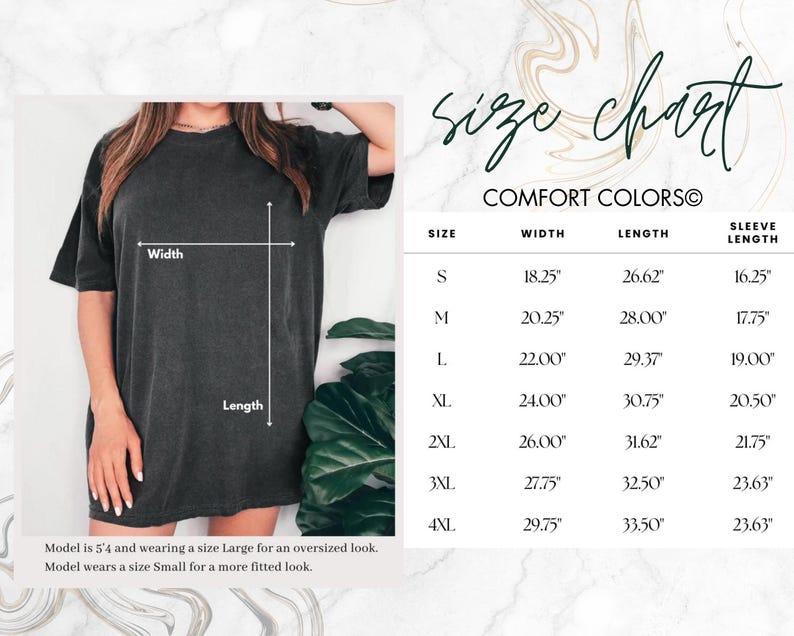K&ouml;nnte beinhalten: Ein dunkelgraues Comfort Colors T-Shirt mit Gr&ouml;&szlig;entabelle. Die Tabelle listet die Ma&szlig;e f&uuml;r Breite, L&auml;nge und &Auml;rmell&auml;nge in Zoll f&uuml;r die Gr&ouml;&szlig;en S bis 4XL auf. Das Model ist 1,63 m gro&szlig; und tr&auml;gt Gr&ouml;&szlig;e L f&uuml;r einen Oversized-Look.