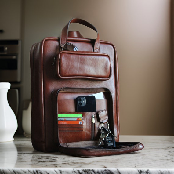 Leather Laptop Backpack – Handmade Full Grain Compact Bag with Padded Compartment & Modular Inserts, Perfect Gift for Him