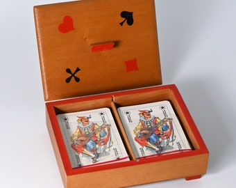 Boîte en bois de cartes à jouer avec rami, pont, canasta, jeu de cartes d'Altenburg, RDA
