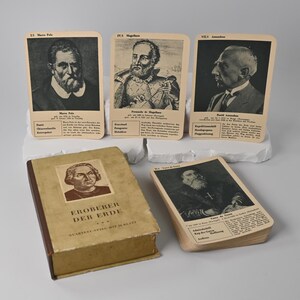 Juego de cartas / Cuarteto clásico "Conquistadores de la Historia Universal" / F.X. Schmid / Coleccionable / Naipes con fotos / Juego retro / aprox. 1950
