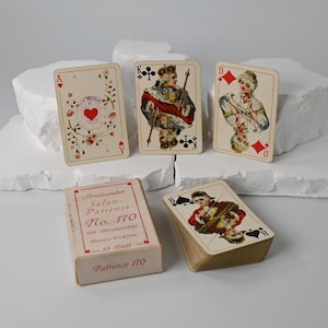 Juego de cartas / Paciencia / Solitario / Stralsund Salón Patience n.° 170 / Baraja francesa / Motivo de rosa / Esquinas doradas / Años 20