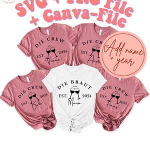 Könnte beinhalten: Eine Auswahl an rosa und weißen T-Shirts mit den Aufschriften "DIE CREW" und "DIE BRAUT". Jedes Shirt hat ein Weinglas-Design und das Jahr "2024". Ideal für einen Junggesellinnenabschied.