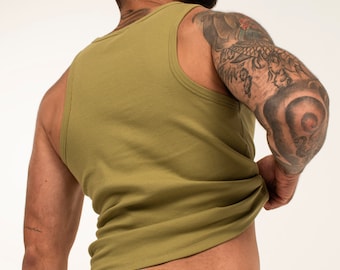 Olive Green Ribbed Muscle Fit Tank Top: Heavyweight Cotton Vest.