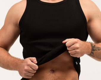 Black Ribbed Cotton Tank Top | Men's Sleeveless Vest | Minimalist Core Basic