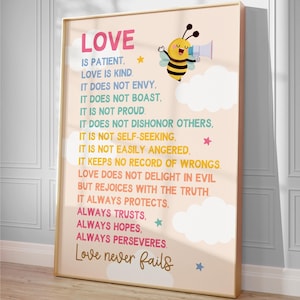 1 Corinthians 13 Print Colorful Children Bible Verse Wall Art for Kids Ministry Decor Love is Patient Love is Kind Christian Playroom Decor