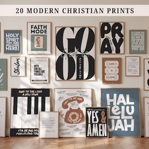May include: A collection of 20 modern Christian wall art prints featuring various typographic designs, inspirational quotes, and illustrations in black, white, blue, and tan. The prints are displayed in a gallery arrangement on a wall.