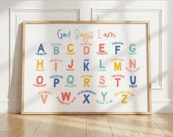 God Says I am Affirmation for Kids Christian Alphabet Affirmation Bible ABC Poster Identity in Christ Wall Art for Kids Ministry Decor Print
