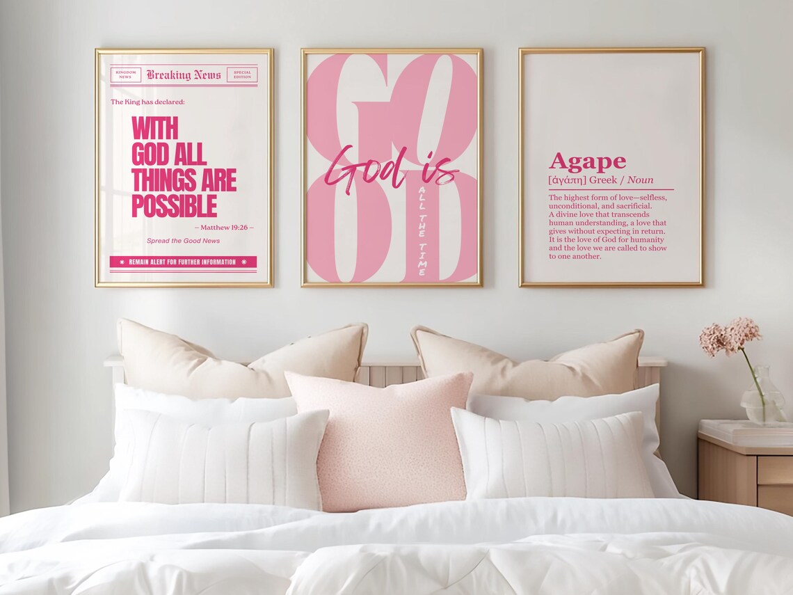 Trendy Pink Girly Christian Wall Art Set of 3 God is Good All the Time ...