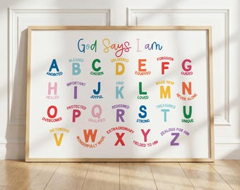 God Says I am Affirmation for Kids Christian Alphabet Affirmation Bible ABC Poster Identity in Christ Wall Art for Kids Ministry Decor Print