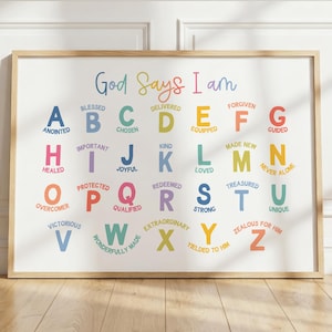 May include: A rectangular wall art print in a light wood frame featuring the alphabet from A to Z in various colors. Each letter is paired with a corresponding word such as Blessed, Chosen, and Loved. The title reads God Says I am.