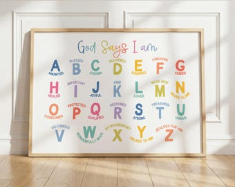 God Says I am Affirmation for Kids Christian Alphabet Affirmation Bible ABC Poster Identity in Christ Wall Art for Kids Ministry Decor Print