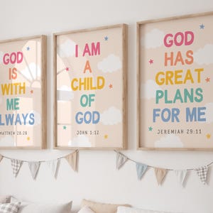 Set of 3 Colorful Children Bible Verse Wall Art For Kids Ministry Decor Christian Playroom Decor Christian Toddler Wall Art Rainbow colors