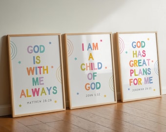 Set of 3 Colorful Children Bible Verse Wall Art Prints Christian Toddler Wall Art Christian Playroom Decor Poster Cute Christian Prints Sign