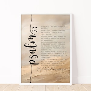 Puede incluir: Un diseño de arte de pared imprimible con el Salmo 23, un pasaje de la Biblia, en texto negro sobre un fondo beige con una textura similar a la acuarela. El texto dice "El Señor es mi pastor, nada me faltará... Mi pastor cuida de mí."