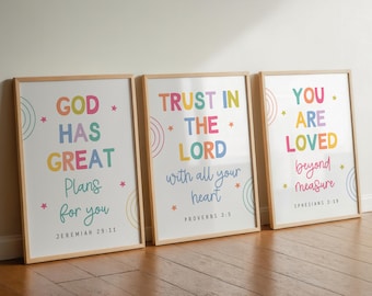 Set of 3 Colorful Children Bible Verse Wall Art for kids Ministry decor Christian Playroom Decor Sunday School Classroom Decor Church Poster