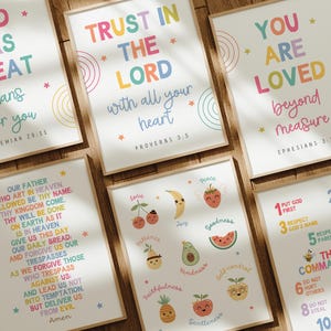 Set of 6 Colorful Children Bible Verse Wall Art for Kids Ministry Decor Bundle Christian Playroom Decor Sunday School Classroom Decor Bundle