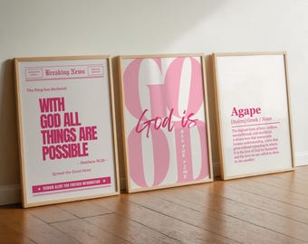 Trendy Pink Girly Christian Wall Art Set of 3 God is Good All The Time Print With God all Things Are Possible Agape Love Word Meaning Poster