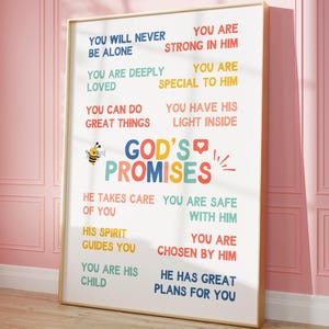 Puede incluir: Un póster colorido con el texto "God's Promises" en una fuente arcoíris. El póster enumera varias promesas de Dios, como "Eres fuerte en Él", "Eres especial para Él" y "Él tiene grandes planes para ti".