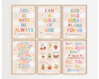 Set of 6 Colorful Children Bible Verse Wall Art for Kids Ministry Decor Bundle Christian Playroom Decor Sunday School Classroom Decor Bundle