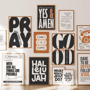 Puede incluir: Una colección de impresiones artísticas enmarcadas con citas inspiradoras y temas religiosos. Las impresiones presentan una tipografía audaz en tonos negros, blancos y marrones. Las frases incluyen "Ora menos, preocúpate menos" y "Atrévete a ser diferente."