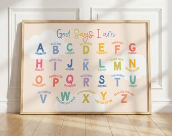 God Says I am Affirmation for Kids Christian Alphabet Affirmation Bible ABC Poster Identity in Christ Wall Art for Kids Ministry Decor Print
