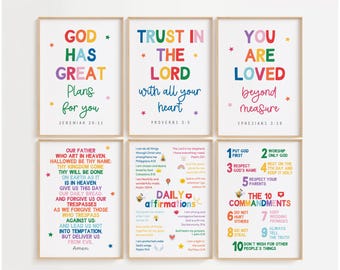 Set of 6 Colorful Children Bible Verse Wall Art for Kids Ministry Decor Bundle Christian Playroom Decor Sunday School Classroom Decor Bundle
