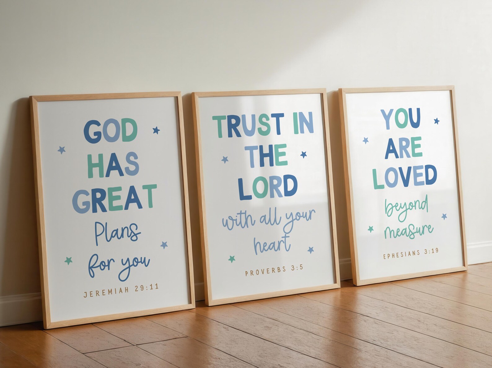Set of 3 Blue Boys Bible Verse Printable Christian Toddler Wall Art ...