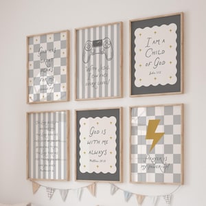 Set of 6 Gray Boys Bible Verse Printable Bundle Christian Affirmation Posters for Boys Room Christian Video Games Poster Christian Playroom