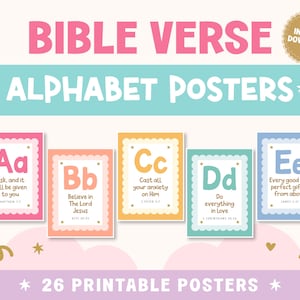 May include: A set of 26 printable alphabet posters featuring Bible verses. Each poster displays a letter in uppercase and lowercase with a corresponding scripture quote. The design uses a pastel color palette with scalloped borders and stars.