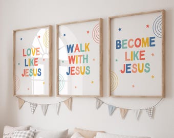 Set of 3 Colorful Christian Wall Art for kids Ministry decor Church Preschool Wall Art Sunday School Classroom Decor Church Nursery Poster