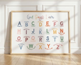 God Says I am Affirmation for Kids Christian Alphabet Affirmation Bible ABC Poster Identity in Christ Wall Art for Kids Ministry Decor Print