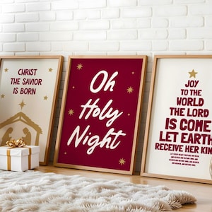 Burgundy Red Christian Christmas Wall Art Set of 3 Bible Verse Nativity Prints Trendy Christian Holiday Decor Bundle Oh Holy Night Poster