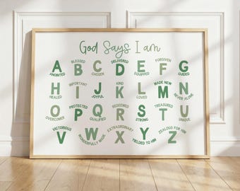 Green God Says I am Affirmation for Kids Christian Alphabet Affirmation Bible ABC Poster Identity in Christ Wall Art for Kids Ministry Decor