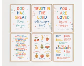 Set of 6 Colorful Children Bible Verse Wall Art for Kids Ministry Decor Bundle Christian Playroom Decor Sunday School Classroom Decor Bundle
