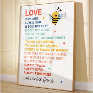 1 Corinthians 13 Print Colorful Children Bible Verse Wall Art for Kids Ministry Decor Love is Patient Love is Kind Christian Playroom Decor