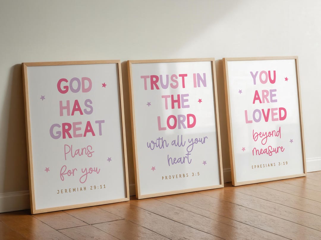 Set of 3 Pink Girly Christian Wall Art Children Bible Verse Wall Art ...
